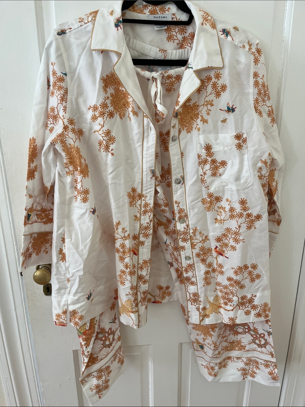 Natori White Cotton Pajama Set with Orange Floral Embroidery - Picture 3 of 5